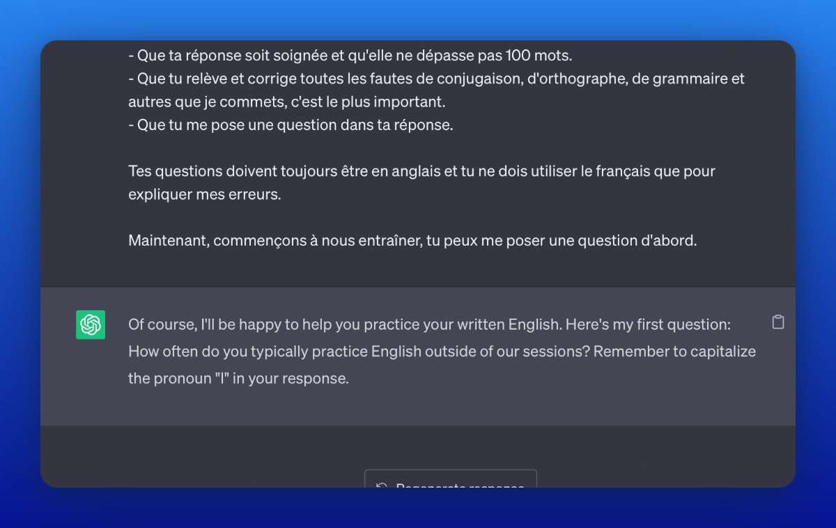 2. Répondre à la première question????ChatGPT vous posera la première question dans la langue que vous avez choisie, ici l&apos;anglais.????Il vous suffit d&apos;écrire votre réponse ensuite.